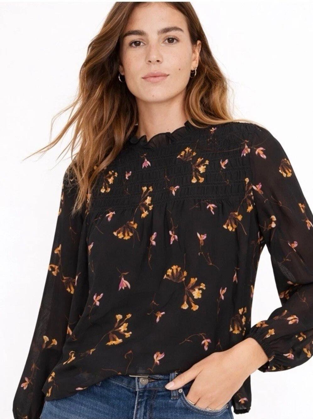 Madewell Blouse Top Women’s Size XS Chiffon Flowy Black Multicolor